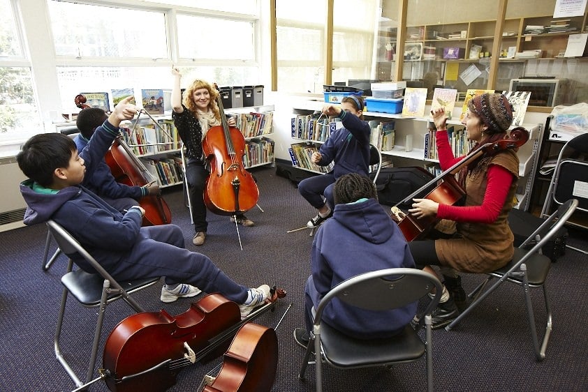 teaching artist and primary school teacher giving arts learning music lesson with cellos to class of primary school students