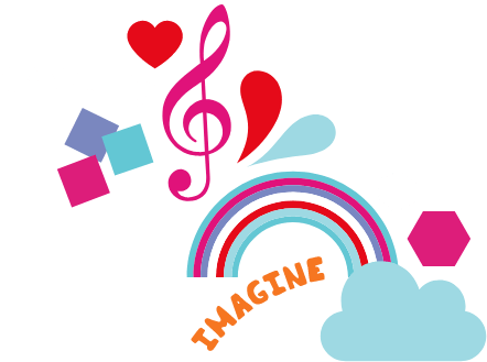 colourful decoration of music and childlike shapes with imagine written in text