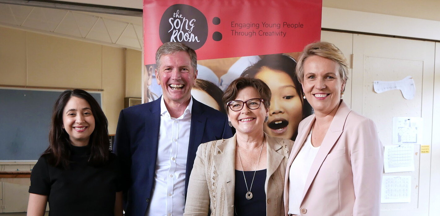 Kat Theophanous MP, Simon Gibson, Ged Kearney MP and Tanya Plibersek MP standing in front of The Song Room banner