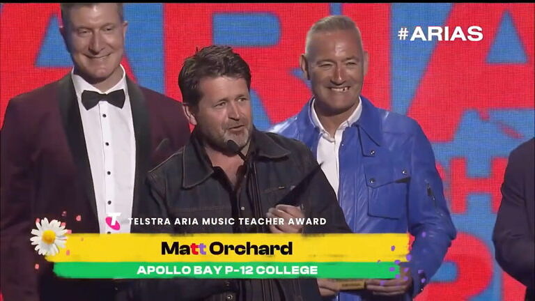 Matt Orchard accepting his Telstra ARIA Music Teacher Award