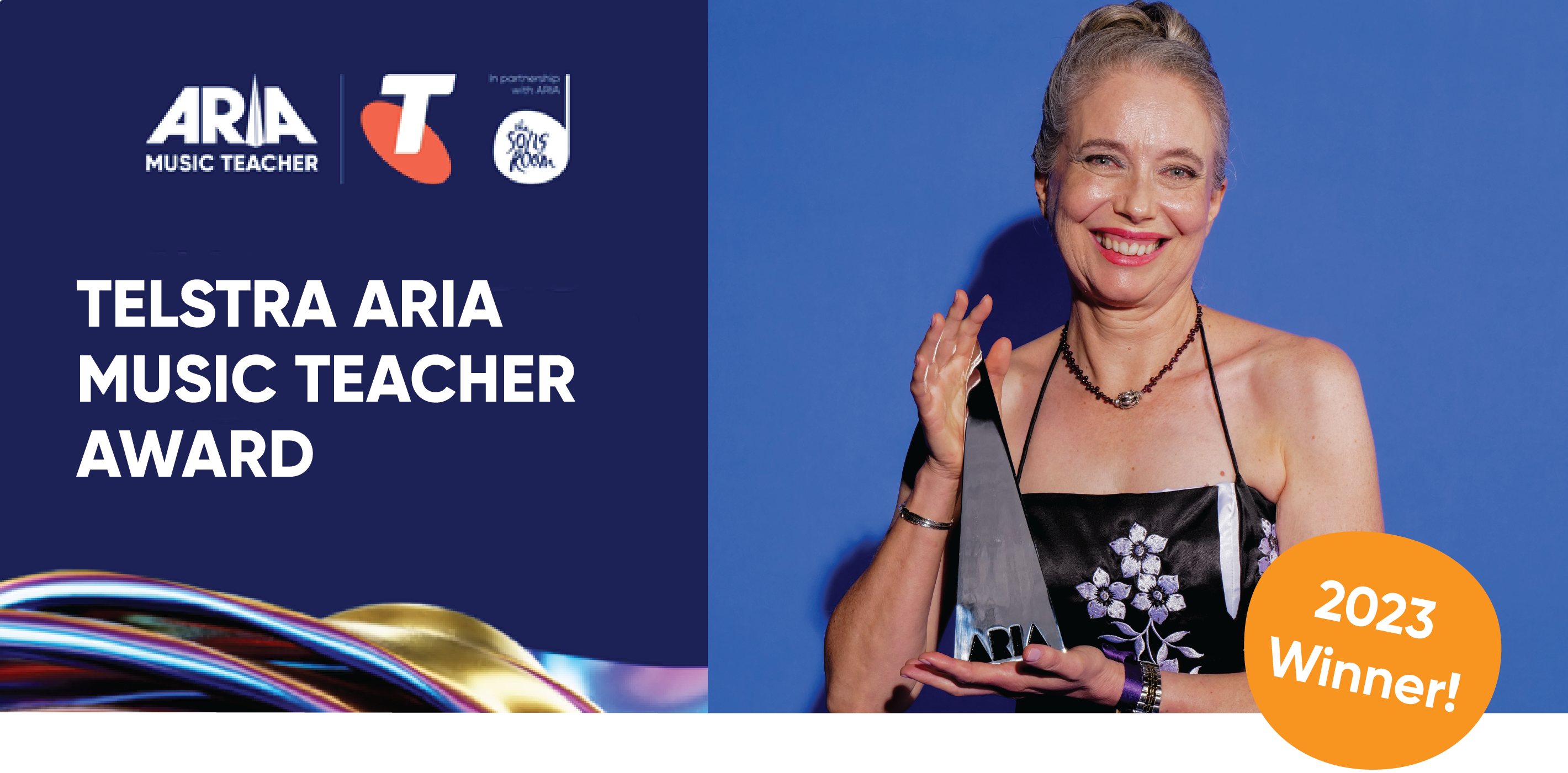 Music Teacher Sue Lowry with Telstra ARIA Music teacher award 