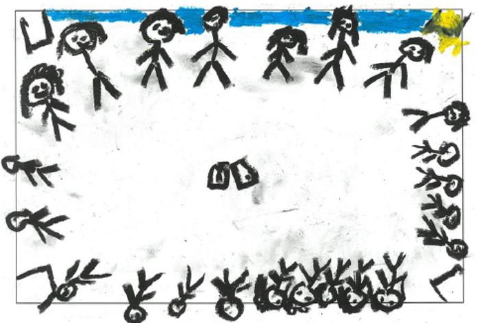 Student ‘Keely drew the gathering itself: people in a circle around Country. Her image functions almost as a map of belonging.’ P49